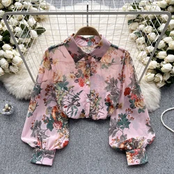 Vintage Elegant Puff Long Sleeve Print Blouse Fashion Shirt  Casual Chic Top Fairy  Summer Women Shirt