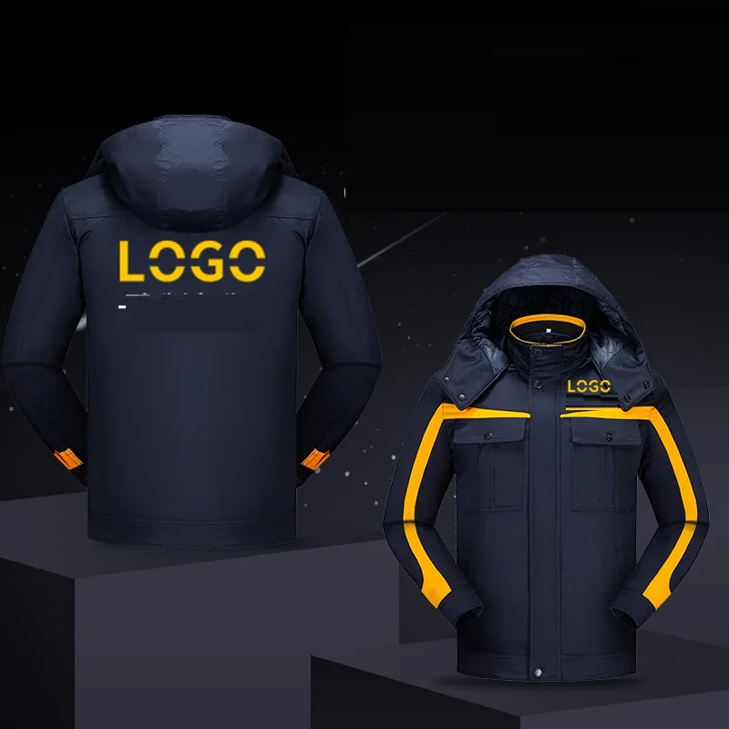 冬の作業服綿パッド入り暖かい厚いメンズフード付き労働者スーツジャケットコントラストカラーワークコートワークショップサーマルオーバーコート