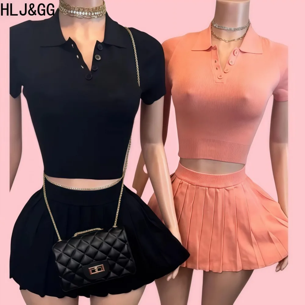 

HLJ&GG Fashion Knitting Pleated Mini Skirts Two Piece Sets For Women Lapel Button Short Sleeve Crop Top And Skirts Sporty Outfit