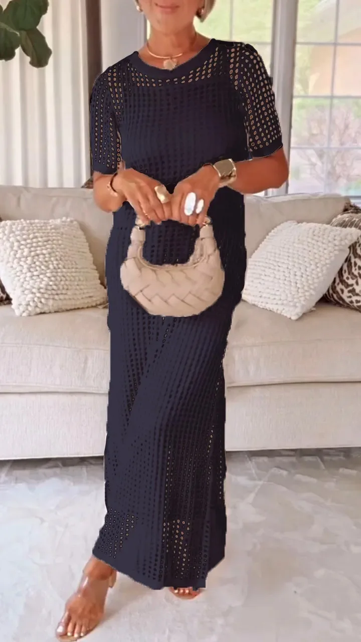 2025年ヨーロッパ新ファッションレディース無地カジュアルトレンドホローアウトOネック半袖ツーピースセット女性服