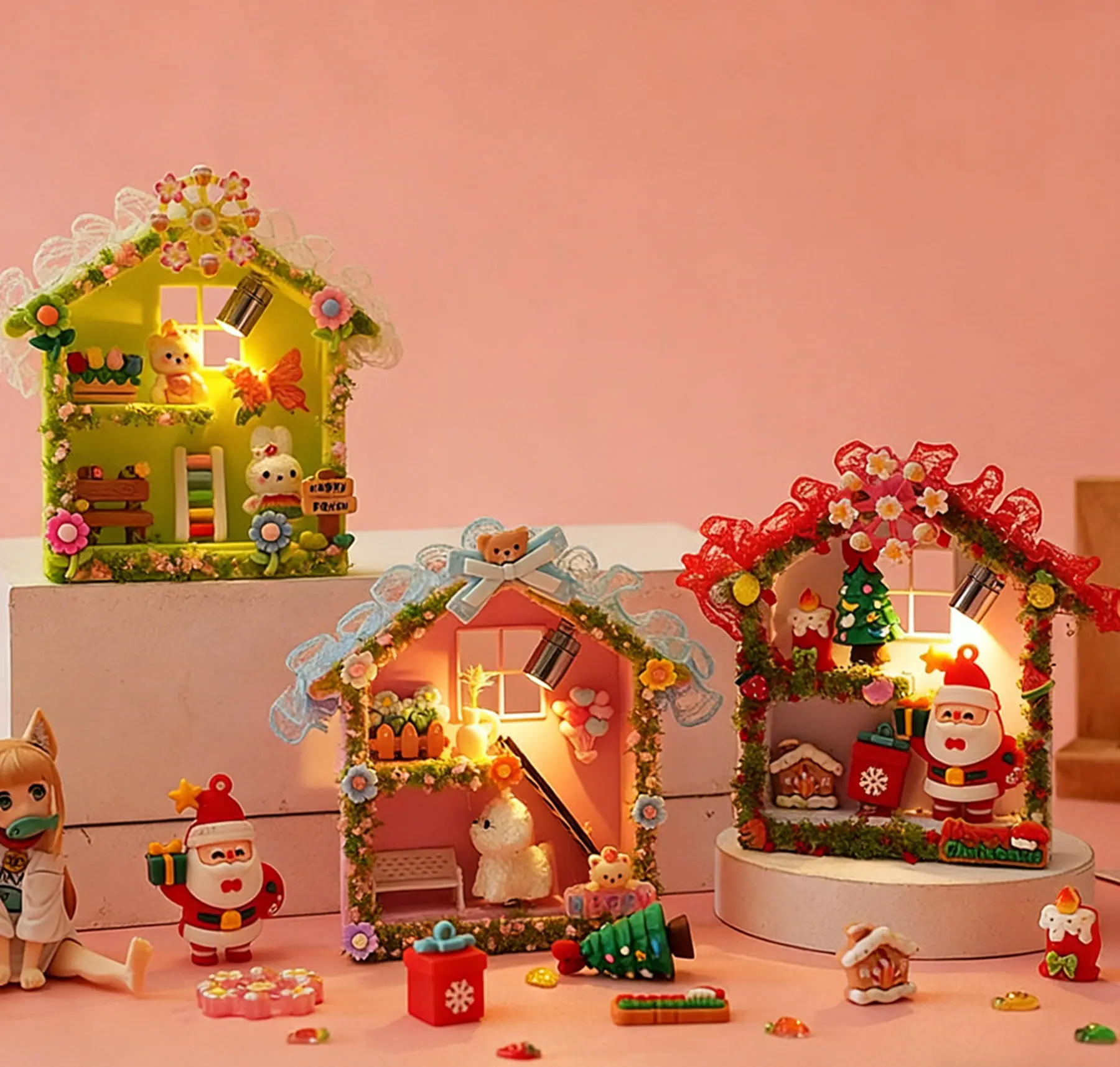 DIY Miniature Dollhouse with LED Light,Handmade Cottage Micro Landscape Decor,Creative Desktop Ornament for Kids&Christmas Gift