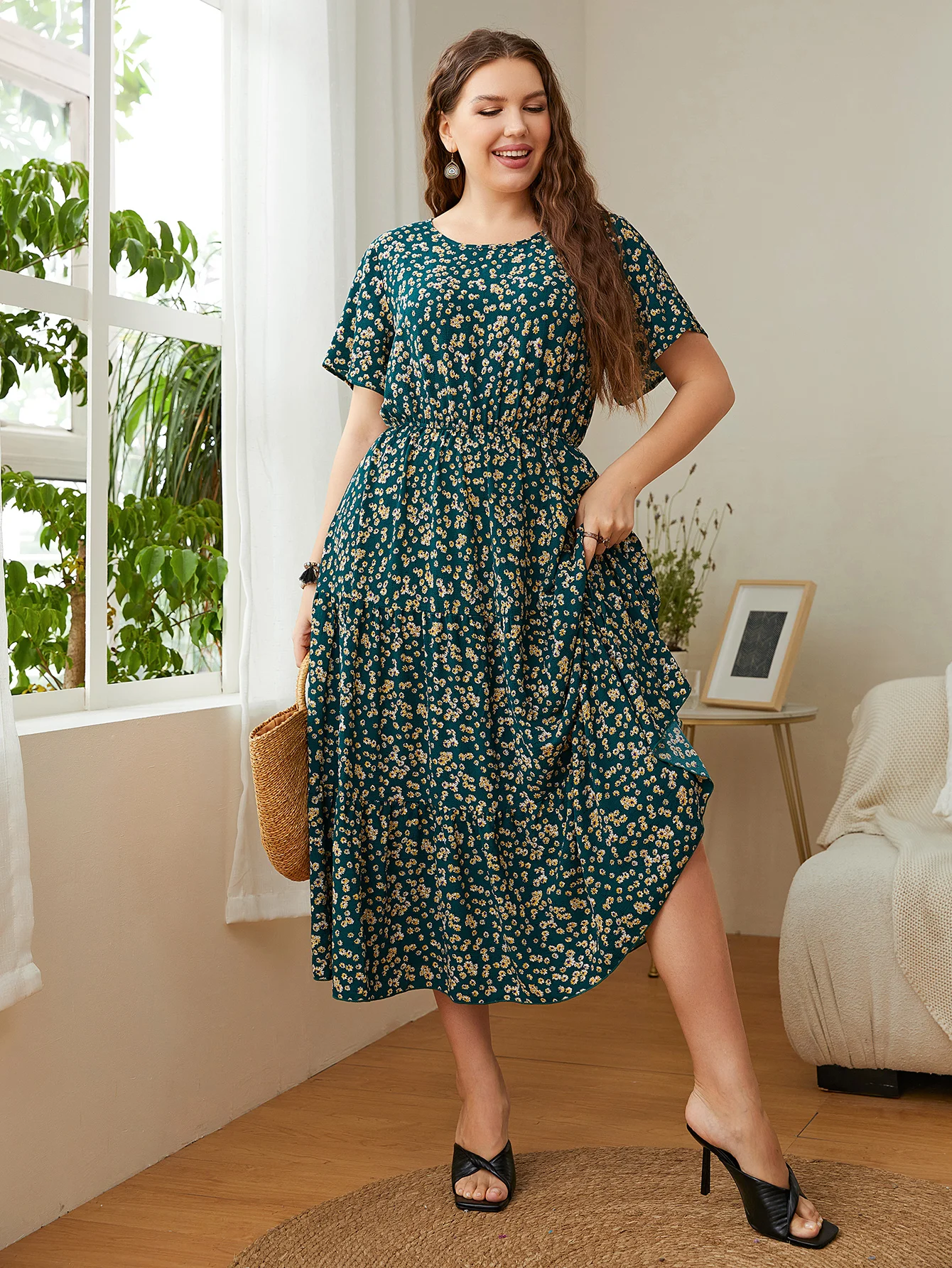 Trendy Big Size Women\'s Clothing Dress Summer O-Neck Floral Print Midi Dresses Party Elegant Casual Ladies Plus Size Long Dress