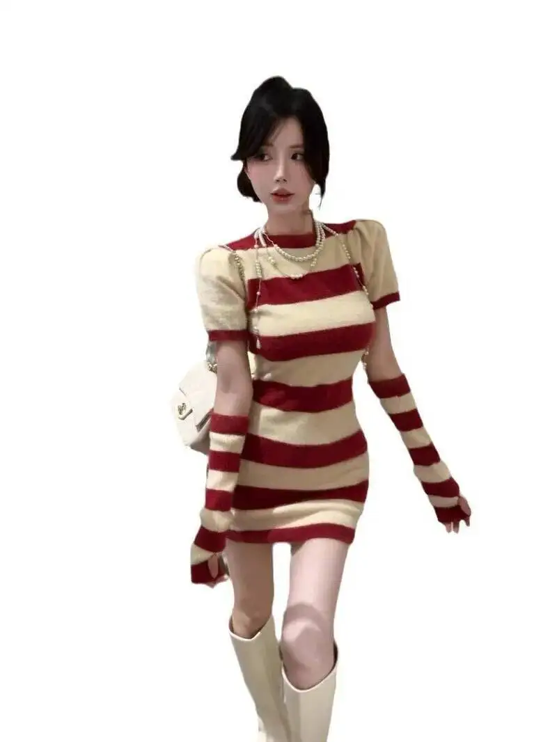 Doce mini vestido de malha camisola grossa picante menina moda vermelho branco retalhos listras puro desejo bonito vestido elegante nvv8