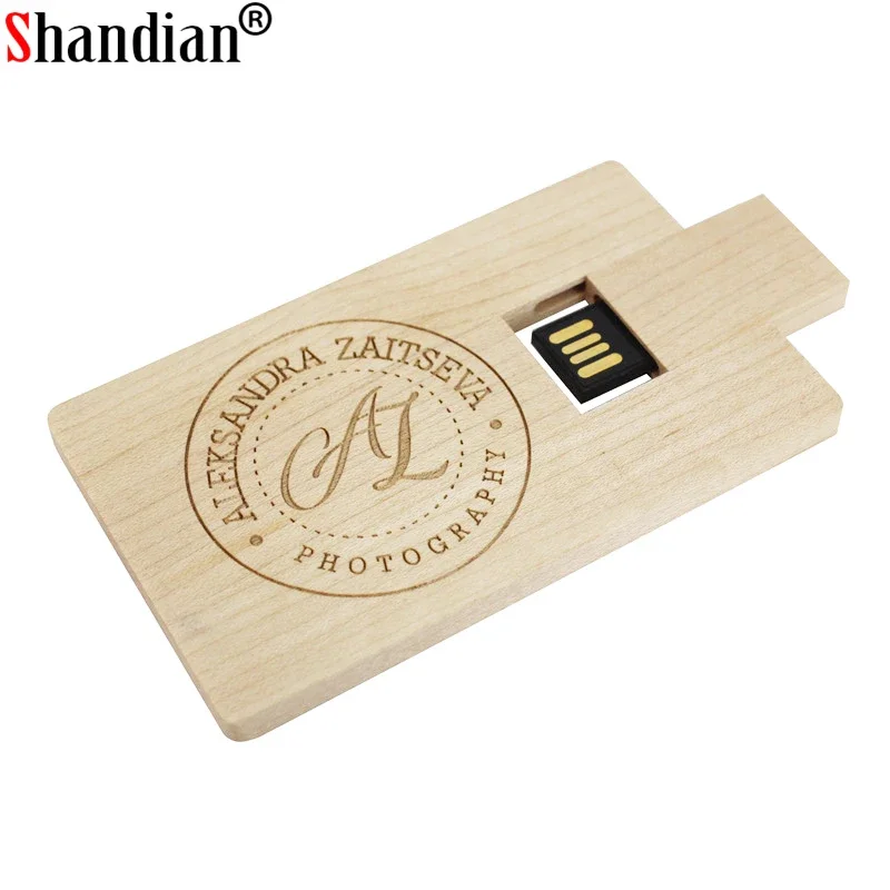 SHANDIAN-pendrive de madera de bambú y Redwood, modelo de tarjeta, unidad flash usb, 4GB, 16GB, 32GB, 64GB, logotipo personalizado gratis