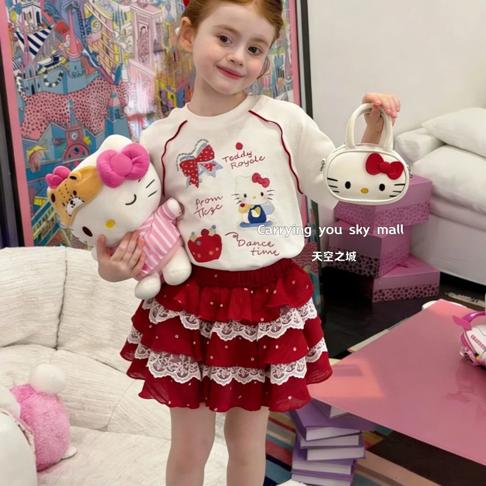 

Детский комплект из 2 предметов Hello Kitty: футболка с короткими рукавами + юбка с кружевными оборками, милая летняя модная повседневная одежда для девочек