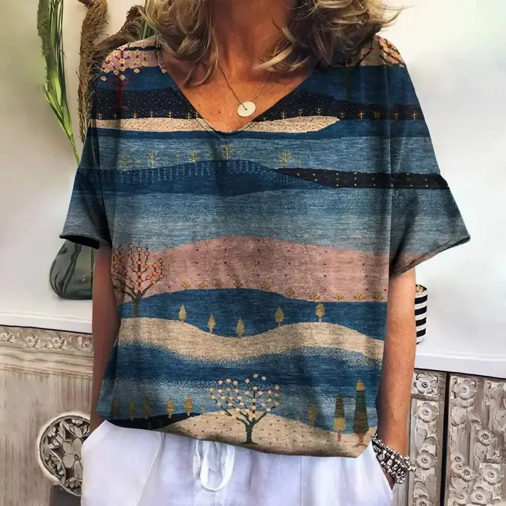 Summer Plaid VNeck T Shirt for Women Casual Sweatshirt New Tees Harajuku Plus Size Loose Short Sleeve Blouse Fashion Female Tops