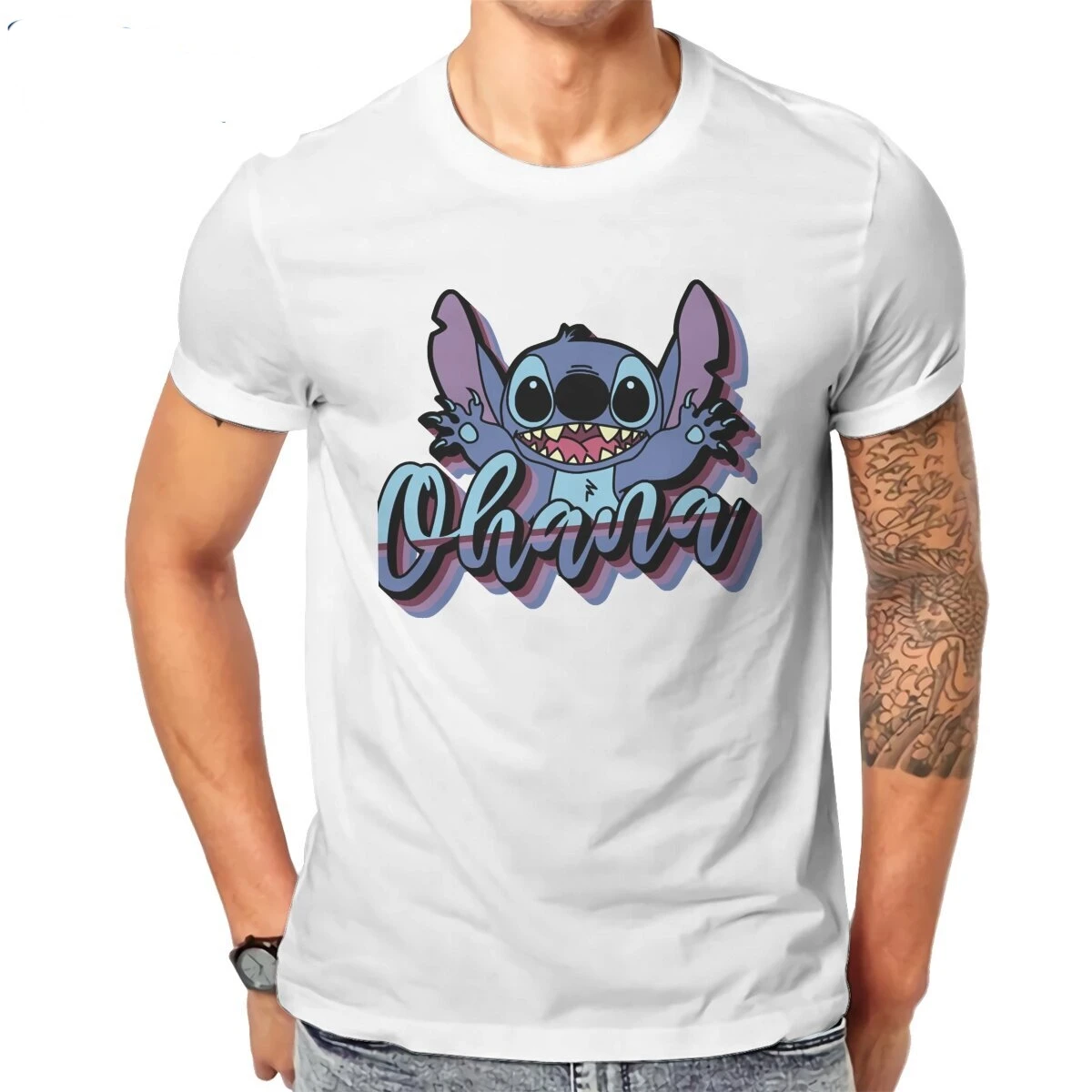 Novelty Ohana Vibes Stitch T-Shirts Men Round Neck Cotton T Shirt Versatile Short Sleeve Vintage Tee Shirt Cool Summer Clothing