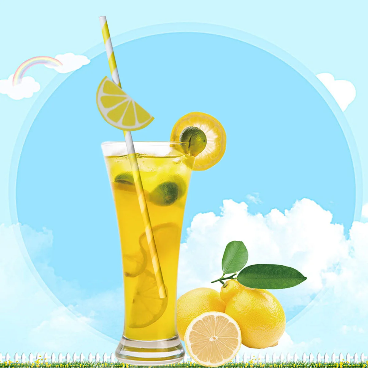 

10Pcs Paper Straws Cartoon Pattern Hawaiian Party Decorative Drinking Straws Luau Bbq Table Decor Lemon Theme Paper Straw