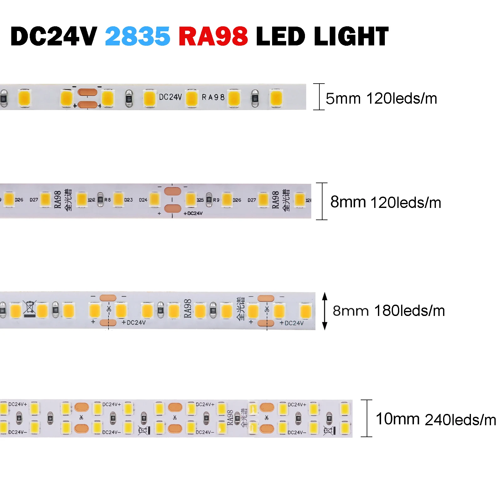 

24V 2835 Full Spectrum LED Strip Light 5M 10M RA98 Eye Protection Stripe Warm Natural Cool White 120 180 240LEDs/m Home Lighting