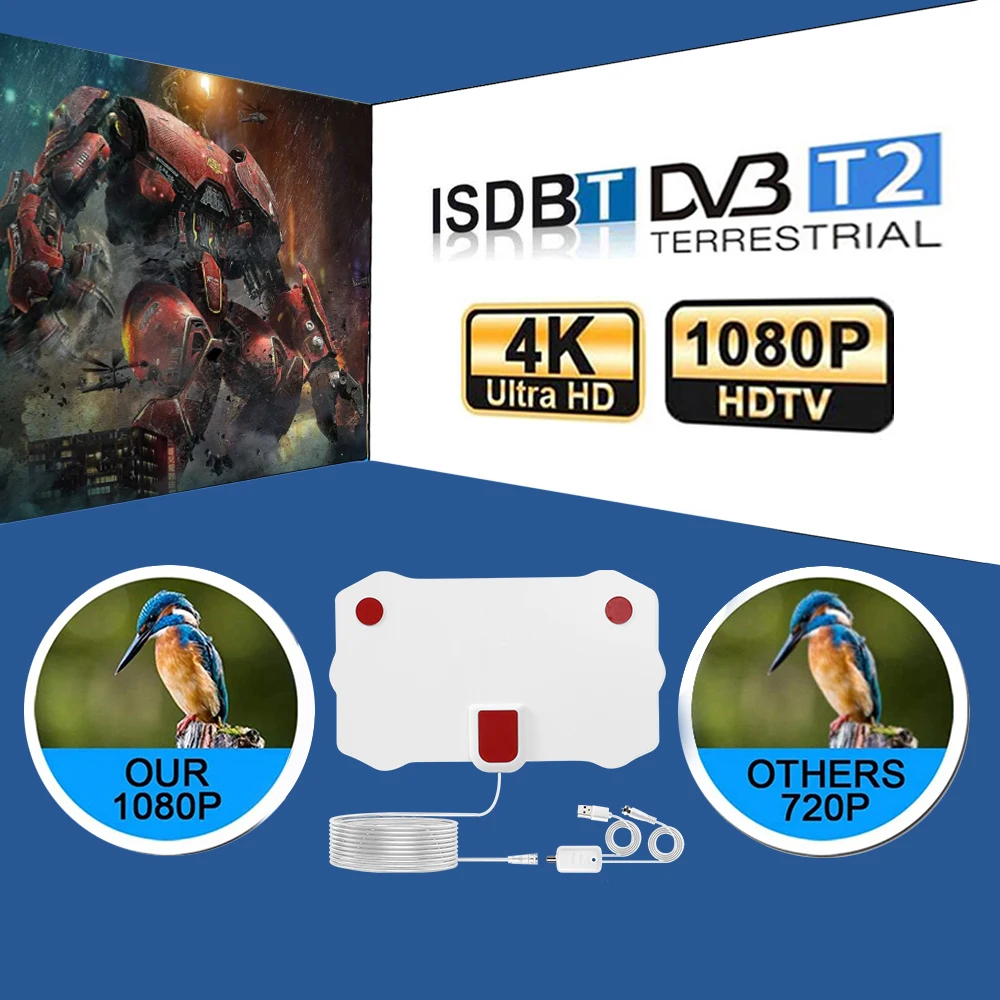 تلفزيون عصا هوائي مكبر للصوت 200 ميل المدى الرقمي 4K التلفزيون هوائي رقمي داخلي HDTV 1080P إشارة استقبال مكبر للصوت ل VHF UHF