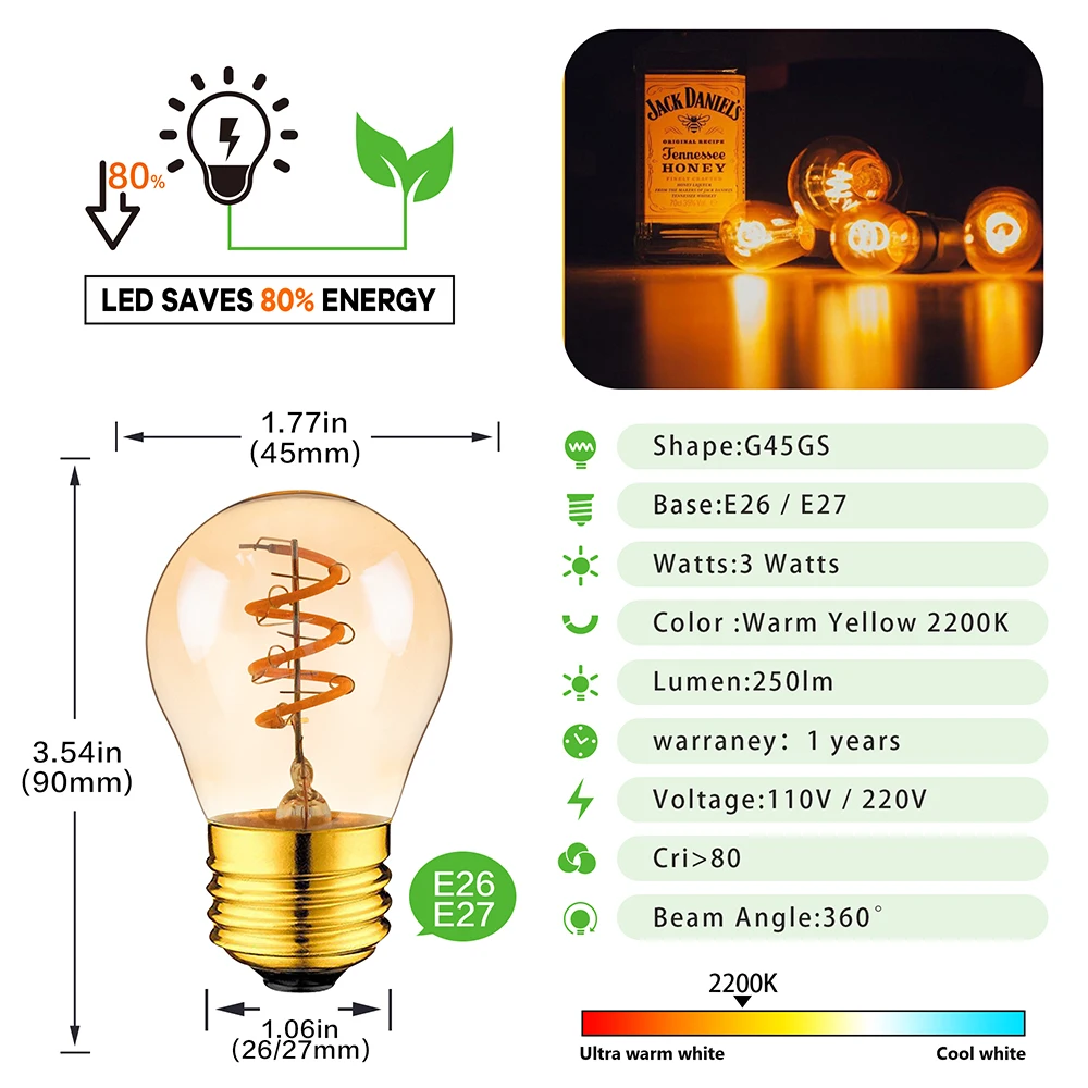 Imagem -04 - Edison Espiral Filamento Lâmpada Vintage Dimmable Amber Replacemet Lustre Iluminação Decorativa 3w G45 220v 110v E27