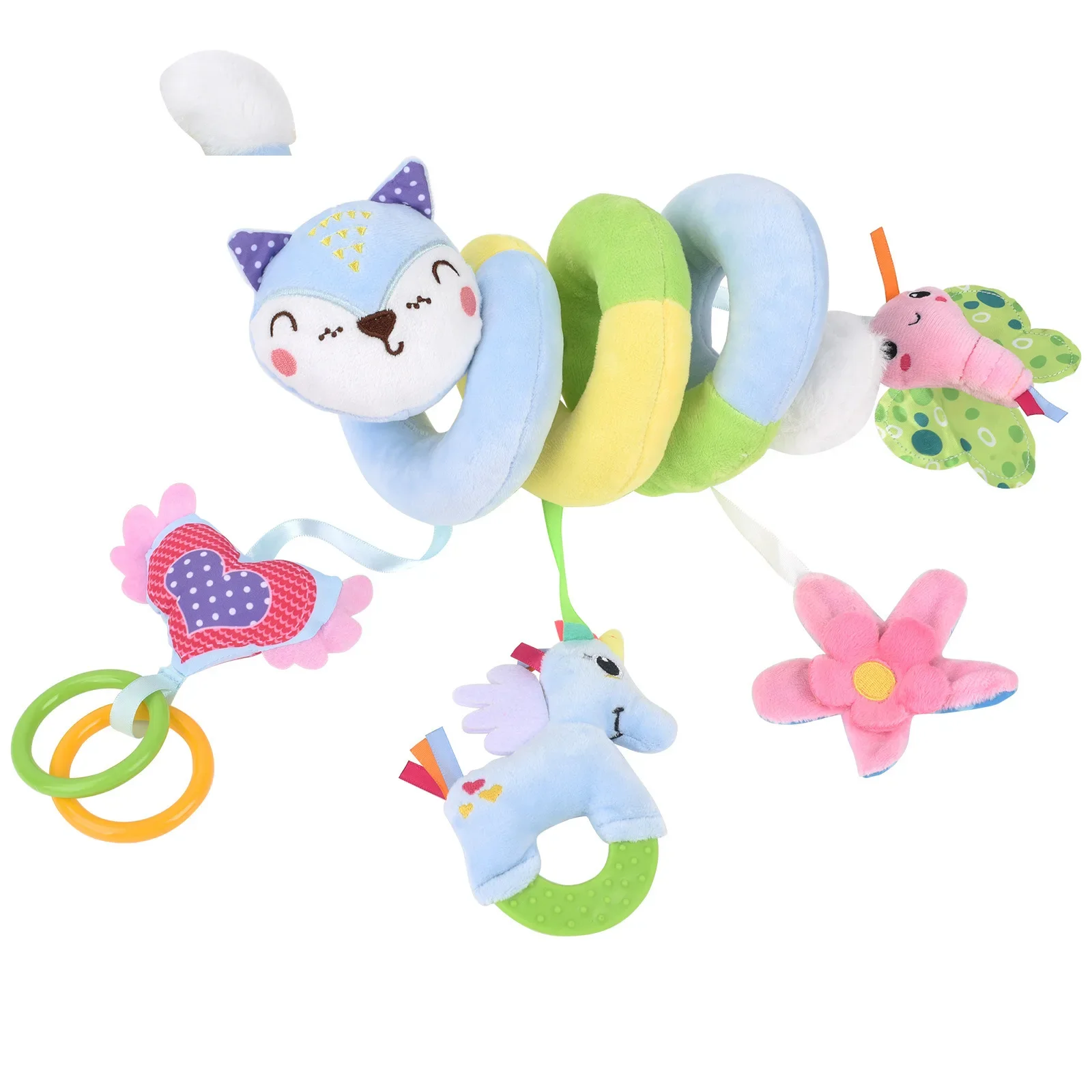 Juguetes para asiento de coche, cochecito de juguete, zorro, espiral, colgante de felpa con caja de música, chirriador BB y sonajeros, regalo de actividad