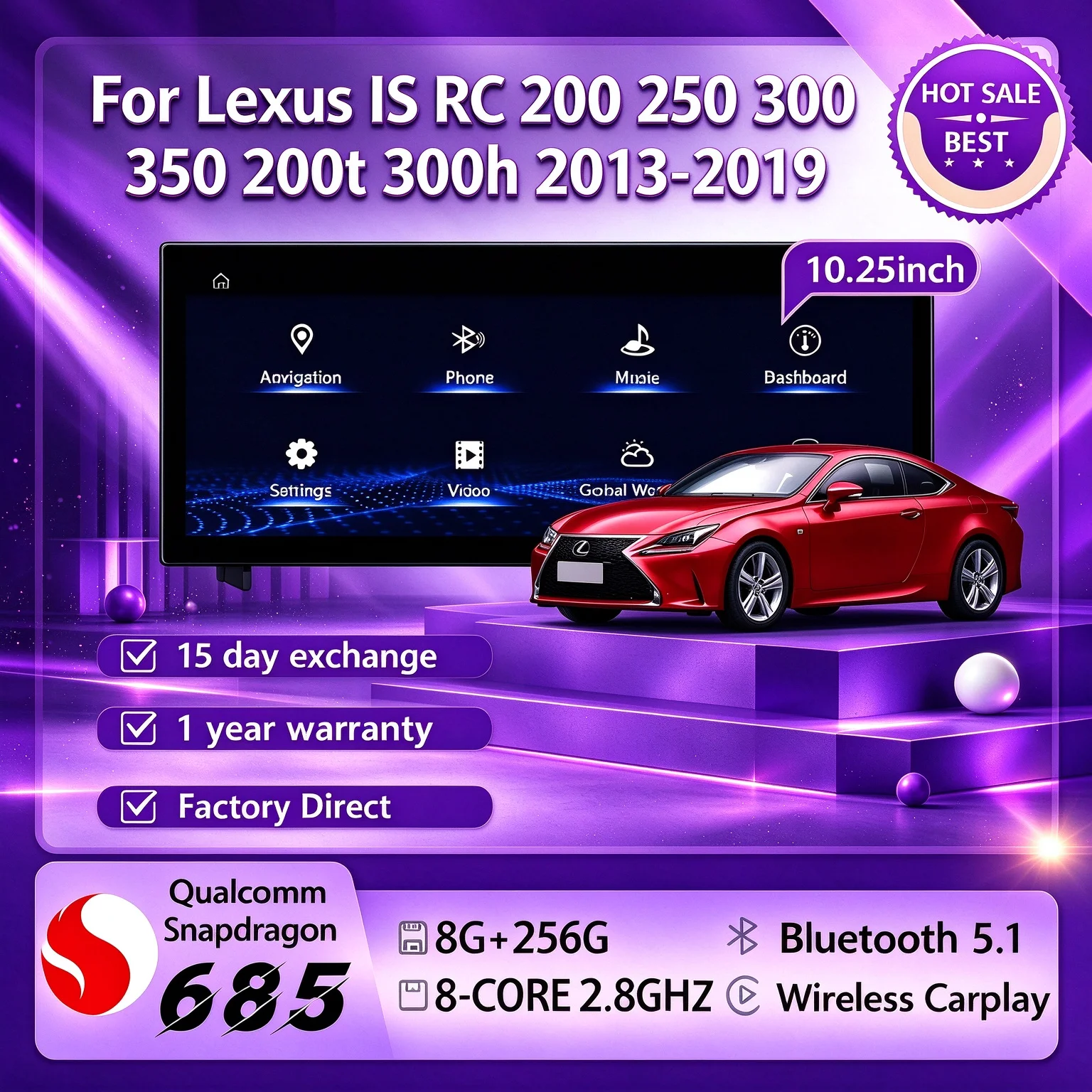 10.25' Carplay Android 14 Touch Screen Car Radio GPS Navigation for Lexus IS RC 200 250 300 350 200t 300h 2013-2019 Snapdrag 685
