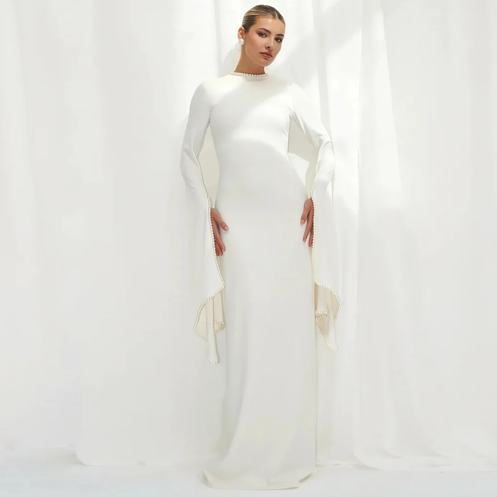 

Классические свадебные платья для гостей 2025 года, трикотажные платья для свадебной вечеринки, водолазка цвета слоновой кости, жемчуг, свадебные платья с рукавами «летучая мышь»