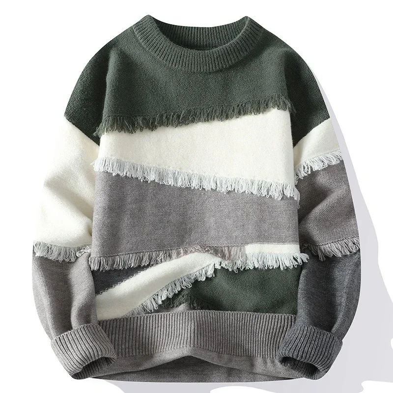 

Men Long Sleeve O Neck Sweater Spliced Patchwork Jumpers Flat Knitted Pullovers Loose Fit Standard Wool High Street 2025 New
