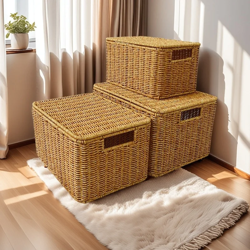 صندوق تخزين منسوج بسعة كبيرة، حامل أشتات منسوج يدويًا متعدد الوظائف مع غطاء، سلال تخزين منزلية، لعبة ملابس منظمة