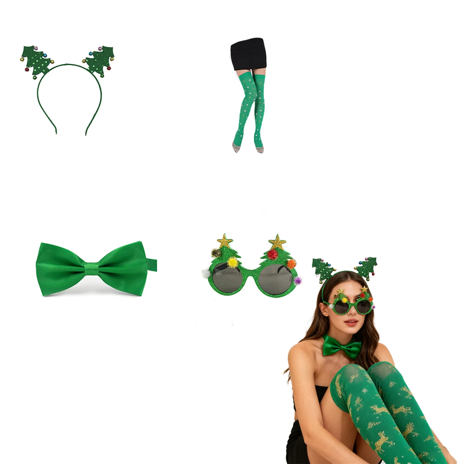 PESENAR Christmas Tree Costume Set - Green Tutu Skirt, Headband, Stockings, Glasses - Adult, Female Christmas Party Costume