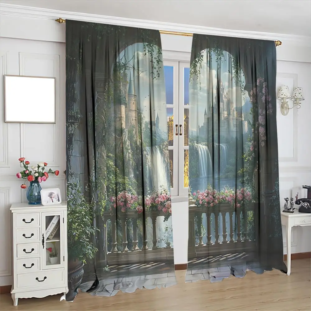 Modern Waterfall Blackout Curtains Home Decor Fantasy Castle Rustic Flower Scenery Rod Pocket Thermal Insulated Drapes Darkening
