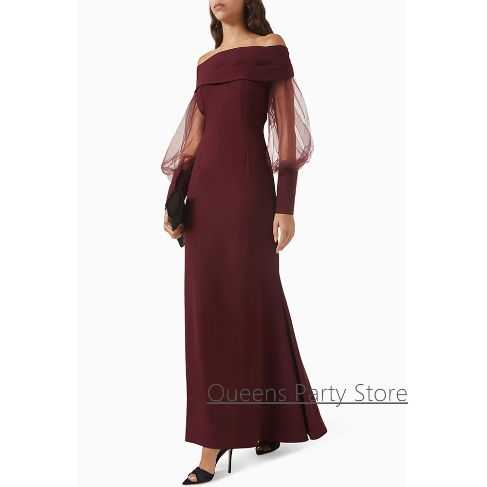 ชุดราตรีทรงเมอร์เมดคอเรือเรียบง่าย แขนพองแบบสั่งตัด ความยาวระดับข้อเท้า สไตล์โมเดิร์นแบบอาหรับ สำหรับงานแต่งงาน งานเลี้ยง งานพรอม