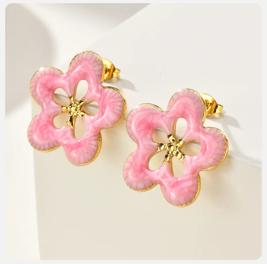 Vnox vergoldete Rosenblüten-Ohrringe für Damen, Edelstahl, niedliche rosa Emaille-Ohrstecker, französischer Stil, ästhetischer Schmuck – Detail 12