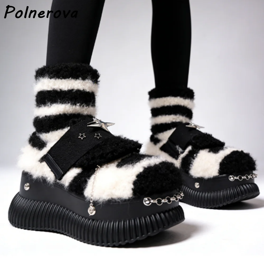 Metal Chain Black White Furry Pumps Metal Five-Pointed Star Round Toe Thick Soled Patchwork Shoes Women Lovely Thick Soled Shoes