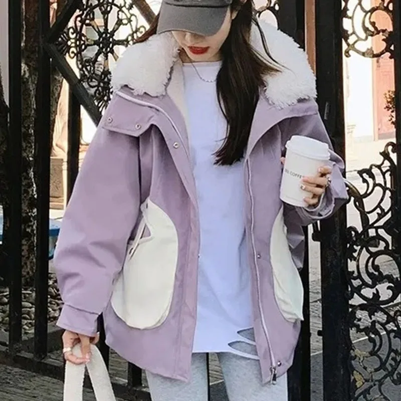 

Korean Ladies Long Sleeves Parkas Outwear Winter Femme Patchwork Cotton Padded Coat 2025 Women Fashion Loose Down Cotton Jacket