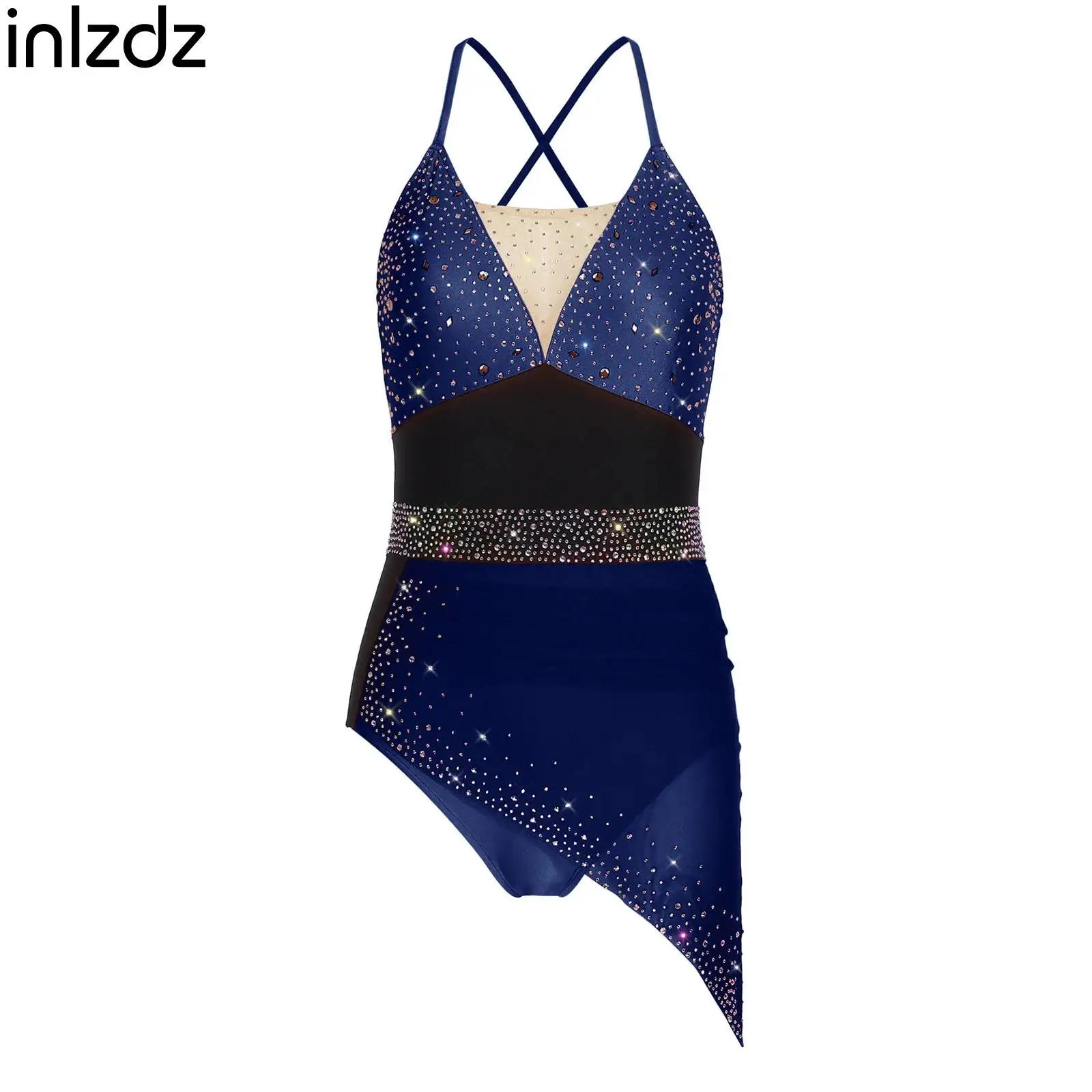 

Купальник для фигурного катания для женщин: платье-комбинезон с сетчатыми вставками, стразами и драпировкой, на бретельках, для гимнастики и латиноамериканских танцев