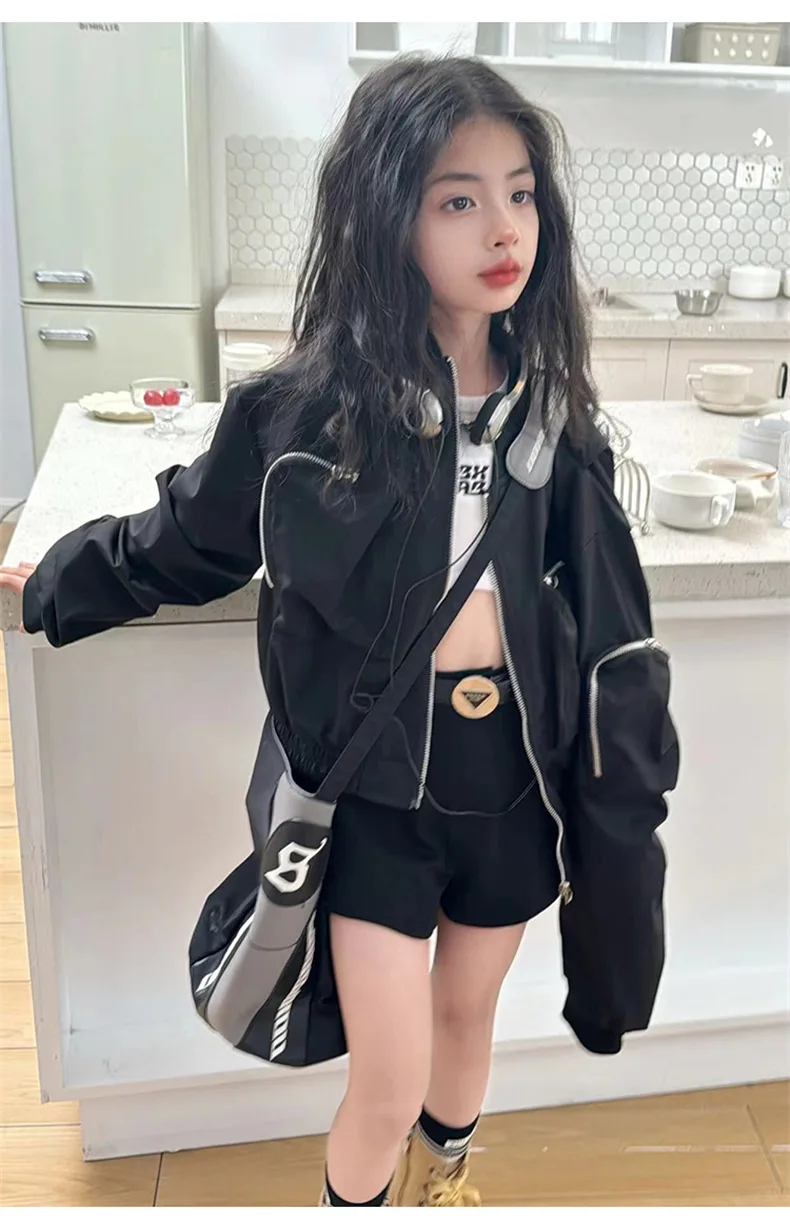 Girls Coat Spring and Autumn Coat 2024 New Fashion Girl Korean Casual Foreign Three-dimensional Cargo Black Jacket Fashion