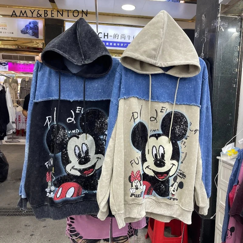 

American Style Fashion Brand Patchwork Color Block Oversized Hoodie 2025 New Cartoon Loose Slimming Outerwear Pullover Sudaderas