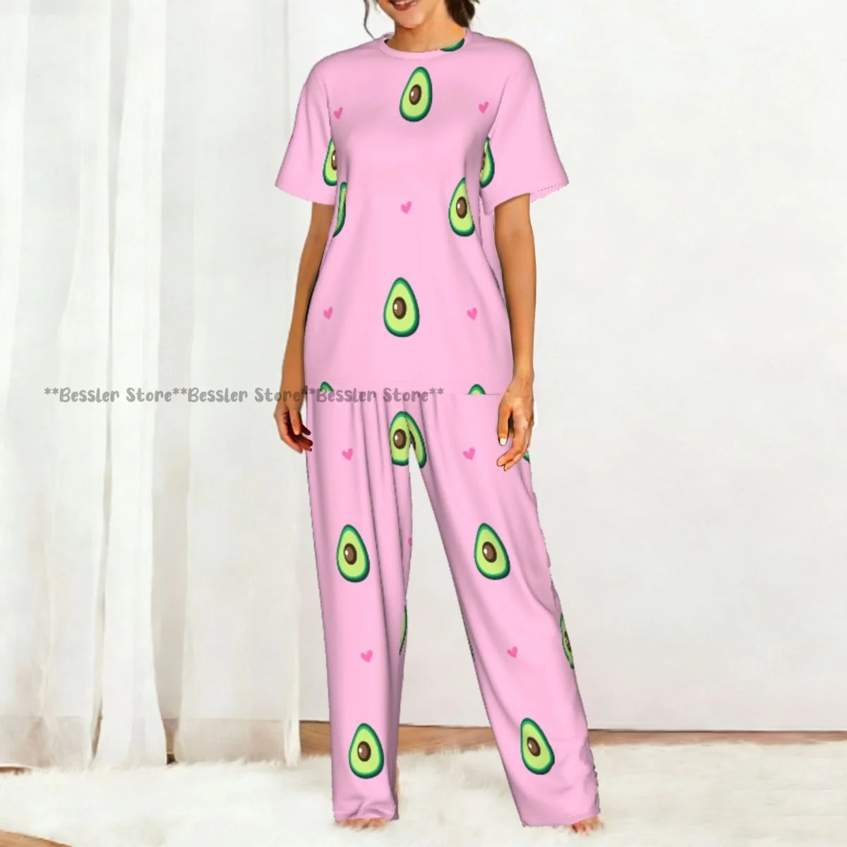 Women Pajama Sets Lounge Sleepwear Cute Avocado And Hearts Short Sleeve Nightwear 5