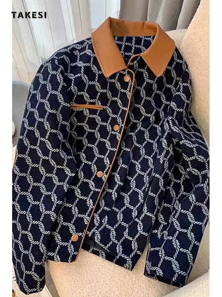Veste à Carreaux Décontractée pour Femme, Col Coloré Combiné, Veines de Poche, Vintage, Mode de Rue, Automne et Hiver 2022