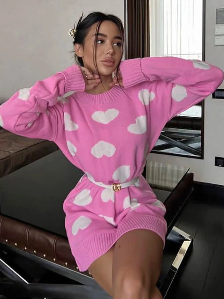 Blifanbo outono inverno impressão camisola de malha vestido médio feminino manga longa solta o pescoço curto malha moda retalhos vestido data