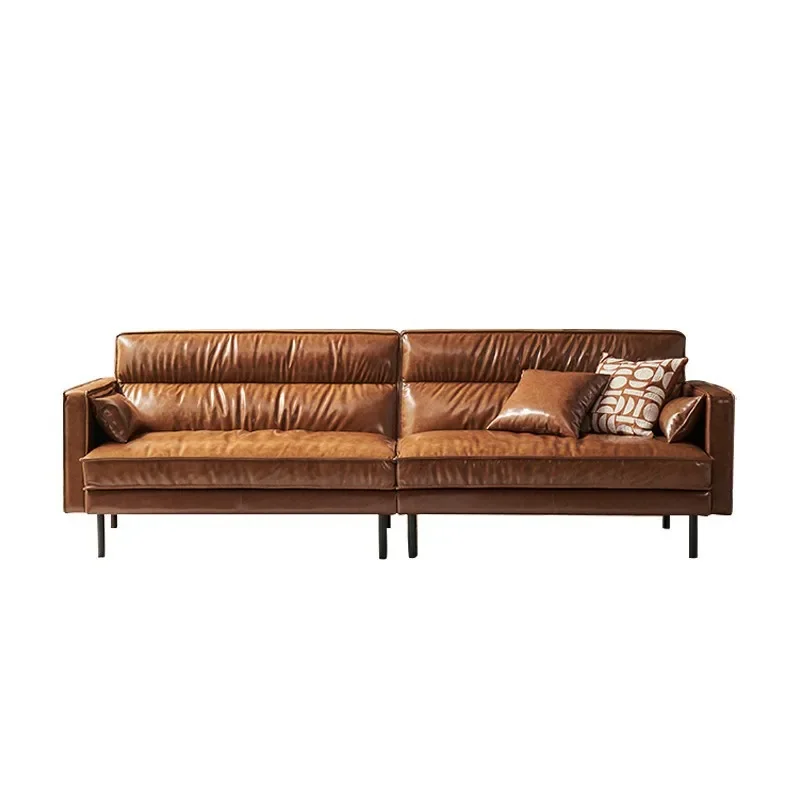 Retro oil wax cowhide sofa small apartment living room French medieval style first layer cowhide down three people