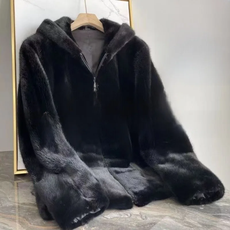 

Haining Men's Mink Coat Gold Mink Velvet Hooded Winter Faux Fur Thiened Cotton Jaet Whole Mink Warm ort Zipper Design