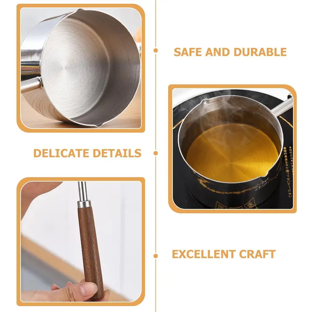

Stainless Steel 250ml Saucepan Wooden Handle Small Cooking Pots Oil Pan Pouring Spout Kitchen Tool