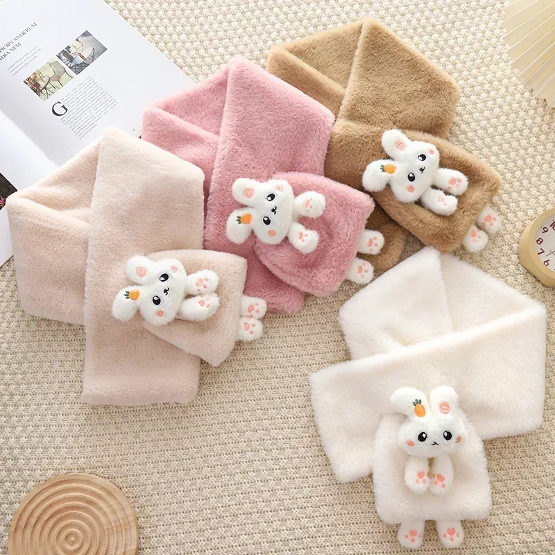 Boys Girls Winter Scarfs Thick Plush Cross Children's Scarf Baby Bib Cute Cartoon Rabbit Faux Fur Neck Protection Warm Shawl