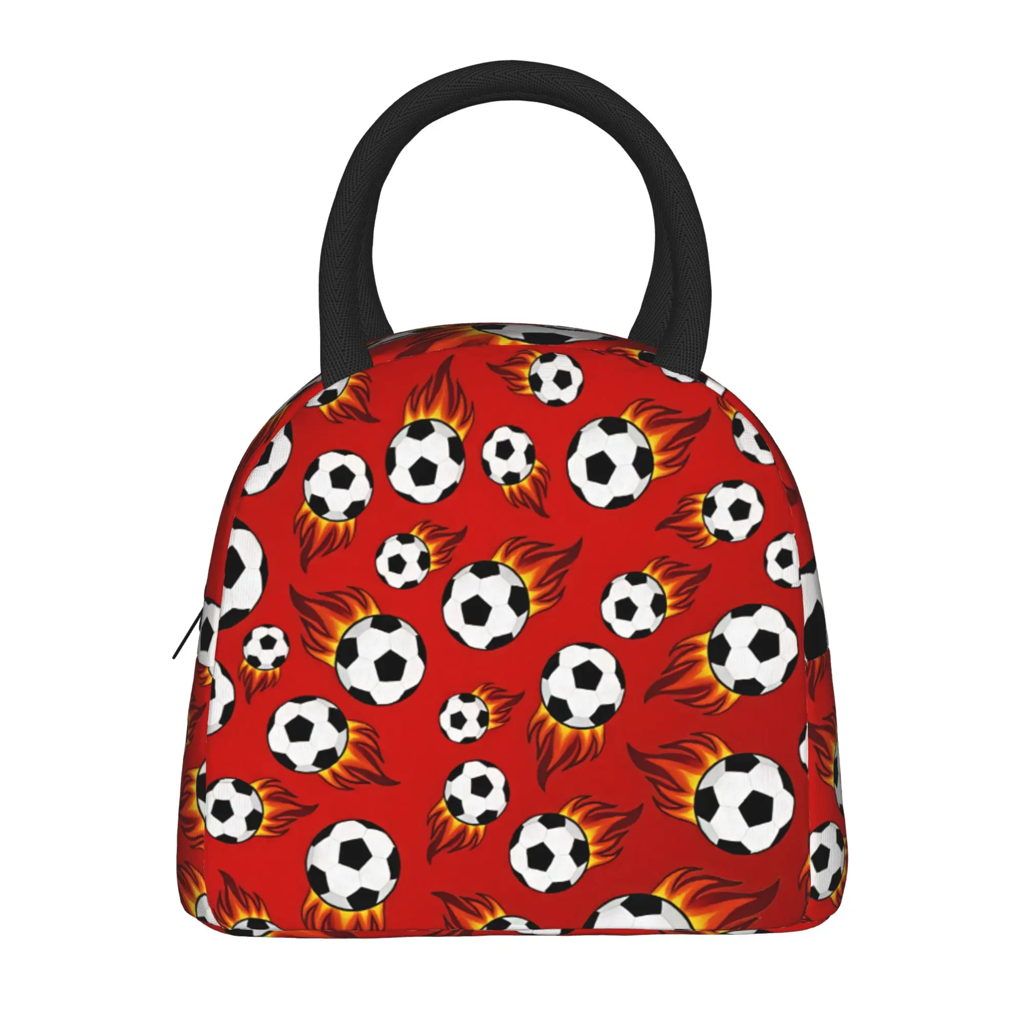 Red Fire Flaming Soccer Balls Lunch Bag  Casual Lunch Box For Child Travel Portable Cooler Bag Oxford Print Thermal Lunch Bags