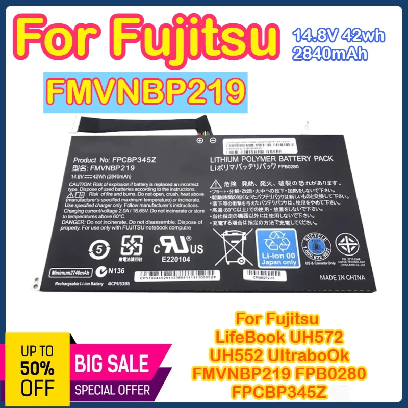 

FMVNBP219 14.8V 2840mAh FPCBP345Z Laptop Battery For Fujitsu LifeBook UH572 UH552 Ultrabook FPB0280