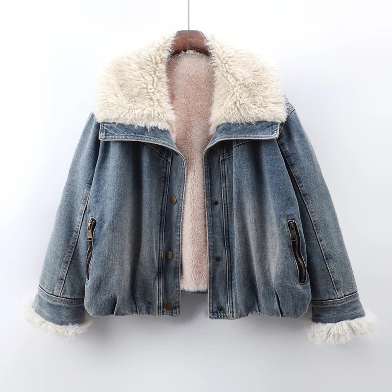 Light Blue Dark Blue Thick Warm Lambswool Liner Denim Coat Loose Casual Lapel Zipper Long Sleeve Winter Female Cowboy Outerwear