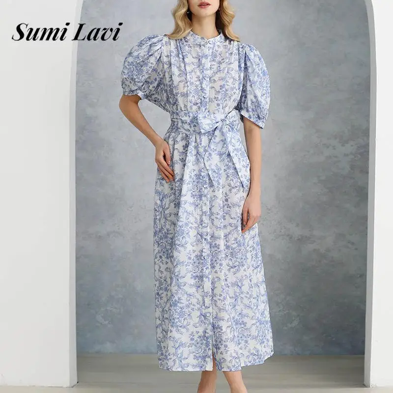 

Summer New Party Pleated Dress Casual O Neck Puff Sleeve Blue Floral Print Dress Fashion Single Breasted Bow Lace Up Maxi Dress