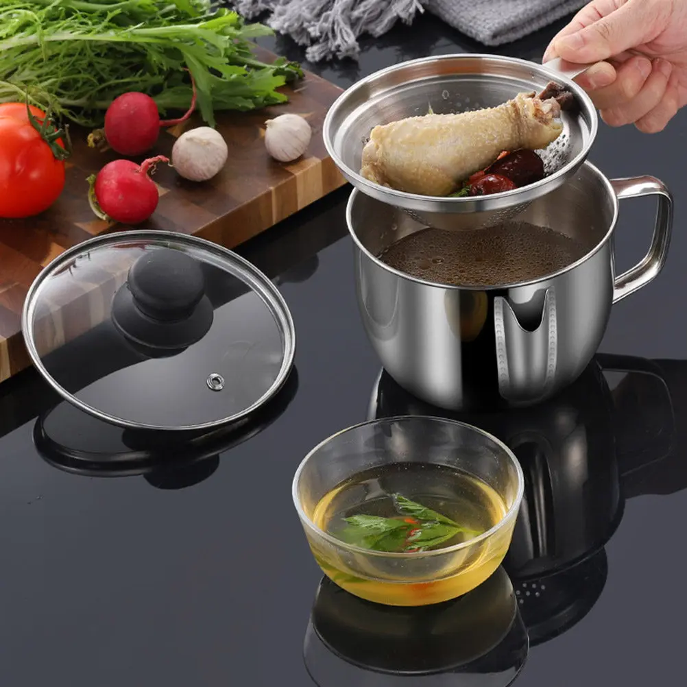 

Stainless Steel Oil Soup Separator Bowl with Lid and Sieve Large Capacity Grease Filtering Pot for Healthy Cooking Home Kitchen