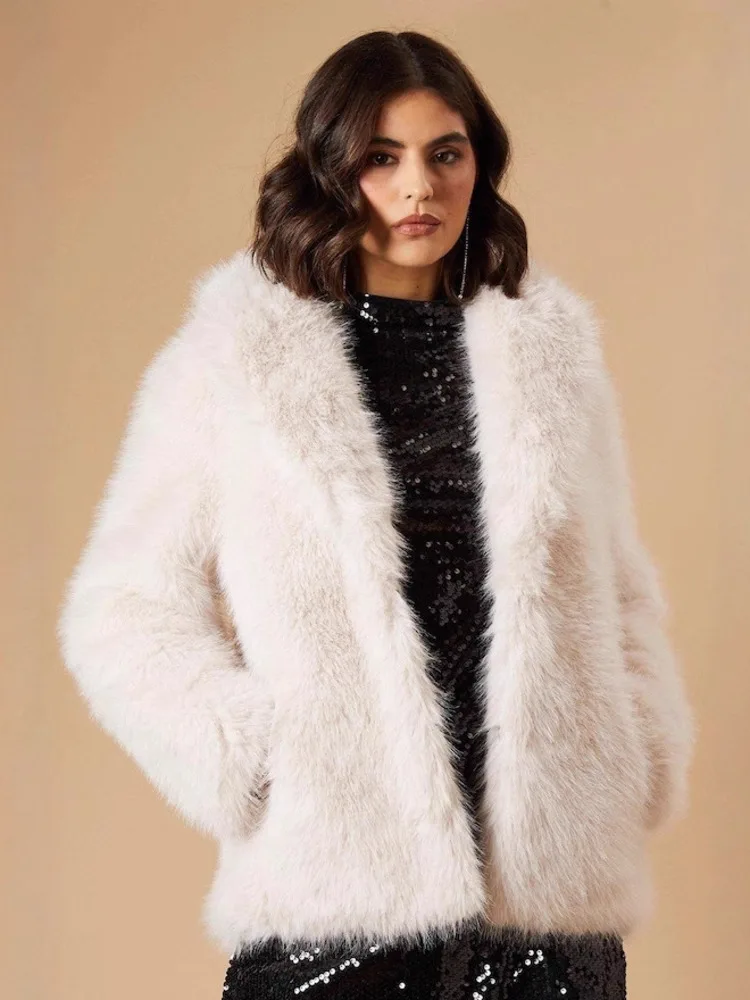 ZMEENNA Chaqueta corta de piel sintética para mujer, cuello de solapa, frente abierto, ropa de abrigo cálida de invierno, moda de felpa, blanco crema ZM4360