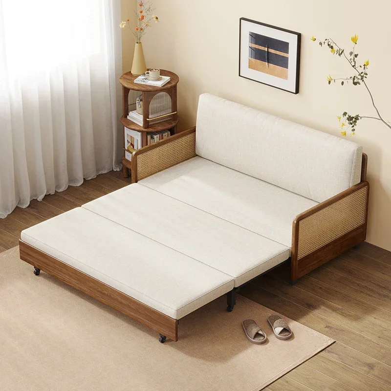 Folding sofa bed dual-purpose ash wood walnut multi-functional pull-out retractable bed