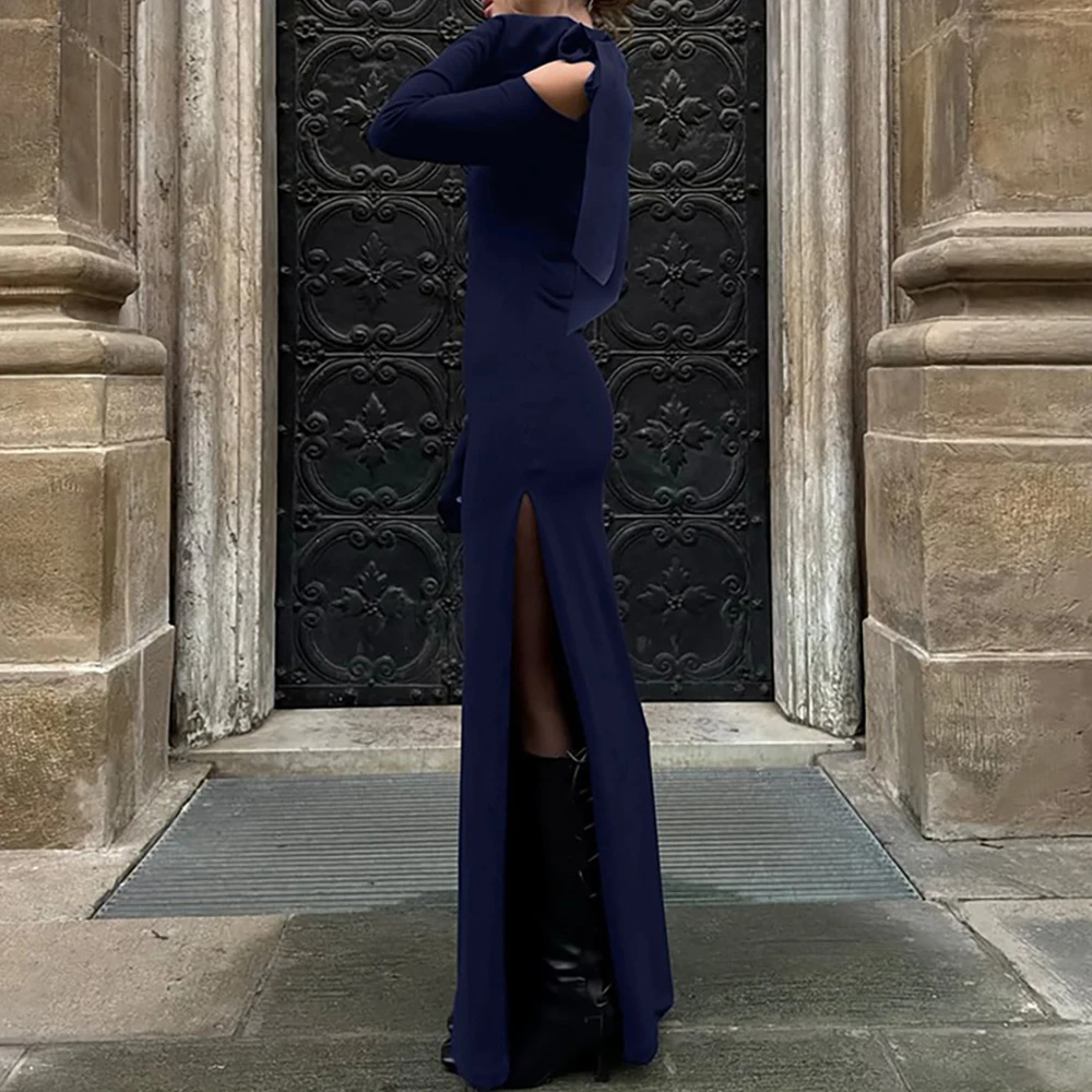 Elegant Pure Color Long Sleeve Wrap Dress Sexy Slant Shoulder Bow Tie Open Split Design Autumn Winter New Arrival Women's Dress