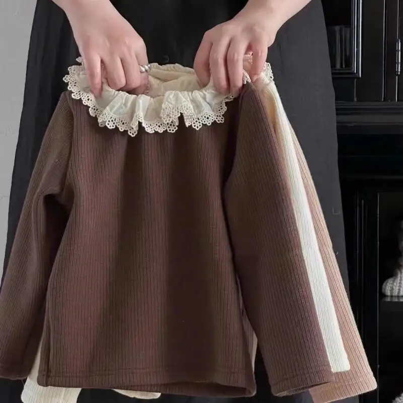 

Новая зимняя рубашка для девочек с кружевом в корейском стиле, цельный бархатный нижний воротник, кавайное повседневное пальто, топы, детская одежда с подкладкой для девочек