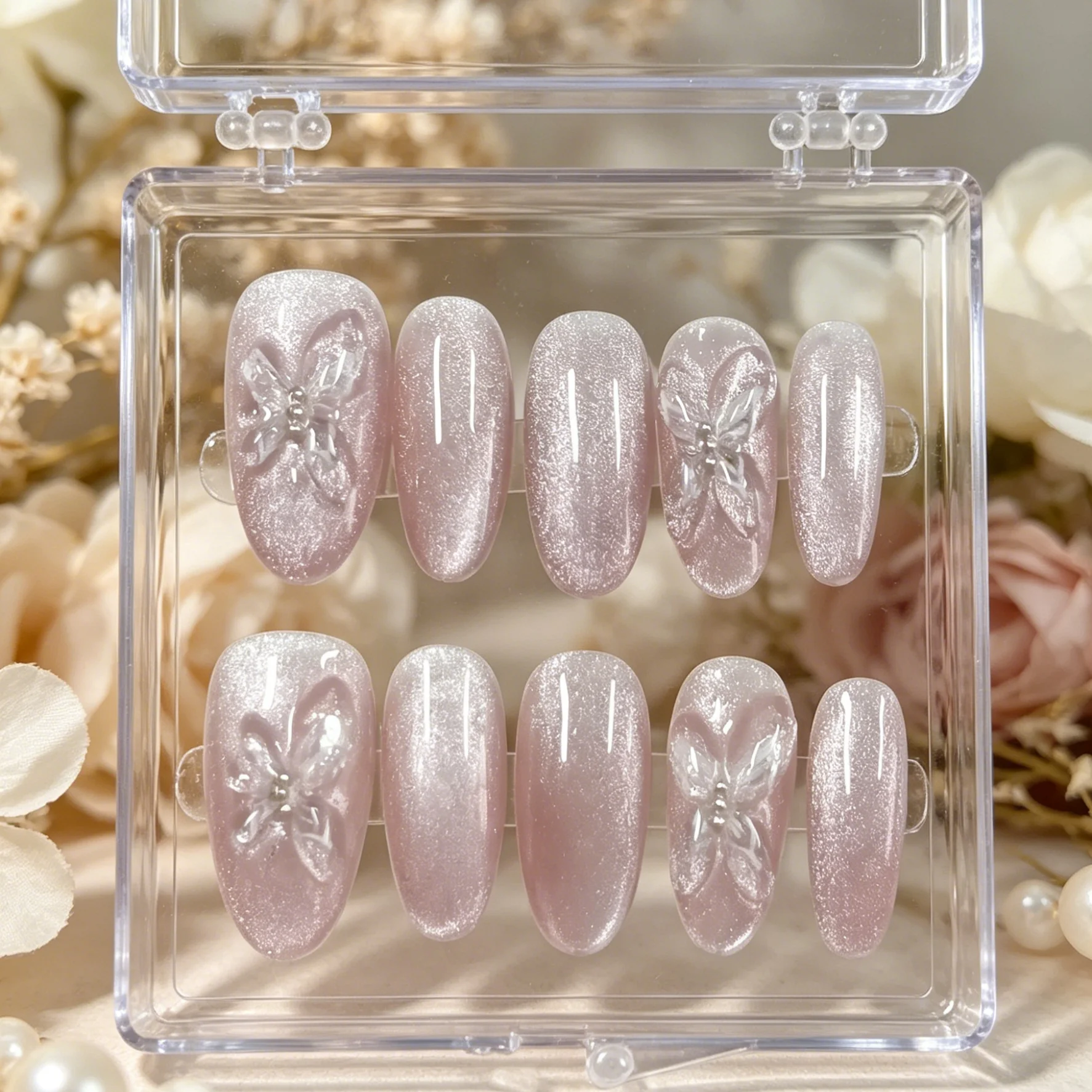 10 Hand Pressed Oval Nails, Beautiful Fake Nails, Pink Purple Cat Eyes 3D Crystal Butterfly Light Luxury, Suitable for Women view 2