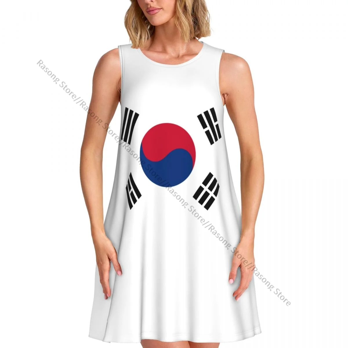 فستان نسائي صيفي كاجوال فساتين تي شيرت لتغطية الشاطئ فستان بدون أكمام بعلم كوري