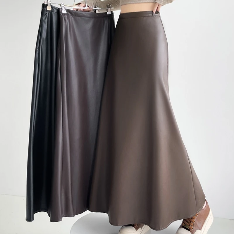 

Autumn Winter High Waist Black PU Leather Women's Umbrella Long Skirts 2025 New Vintage Office Straight A-line Skirts Female