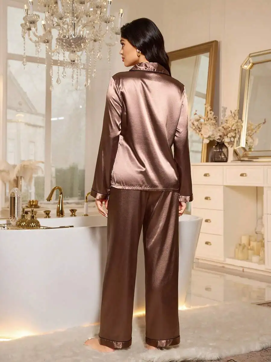 

Brown Faux Silk Women Pajama Set Solid Long Sleeve Sleepwear For Autumn Winter