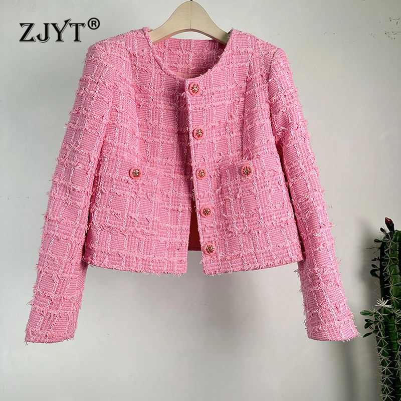 

ZJYT Elegant Ladies Tweed Jackets Woman 2024 Autumn Winter Coats Long Sleeve Single Breasted Casual Vintage Outerwears Female